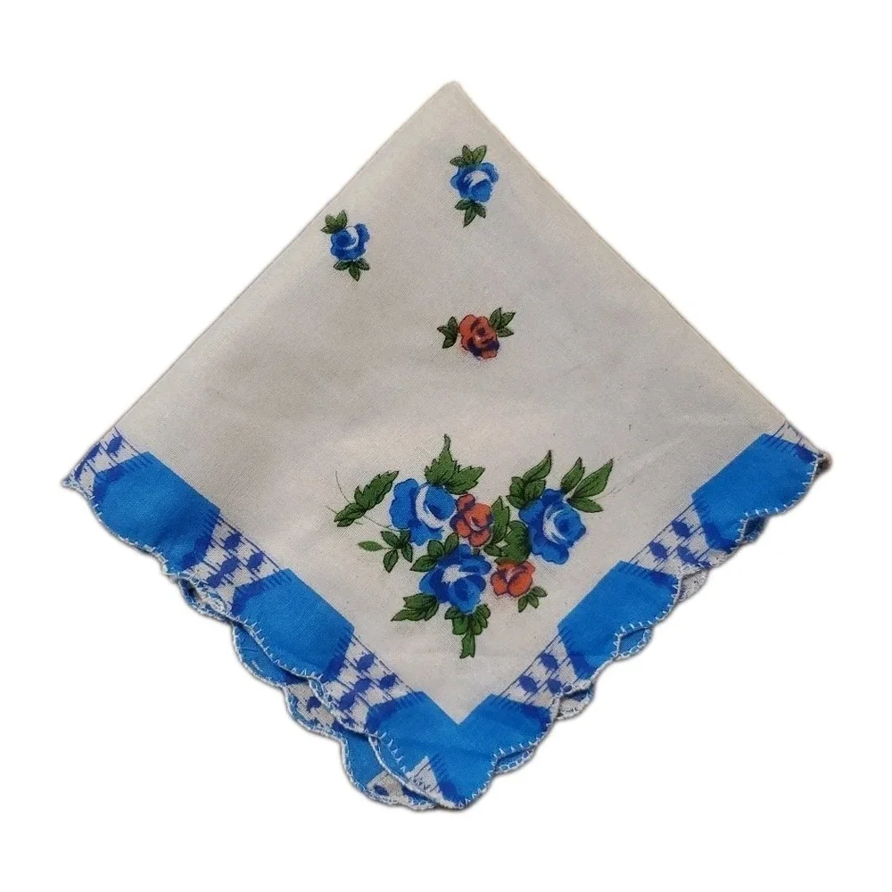 Linen Blue Rose Floral Handkerchief Scalloped Cottage Core Bridesmaid Granny